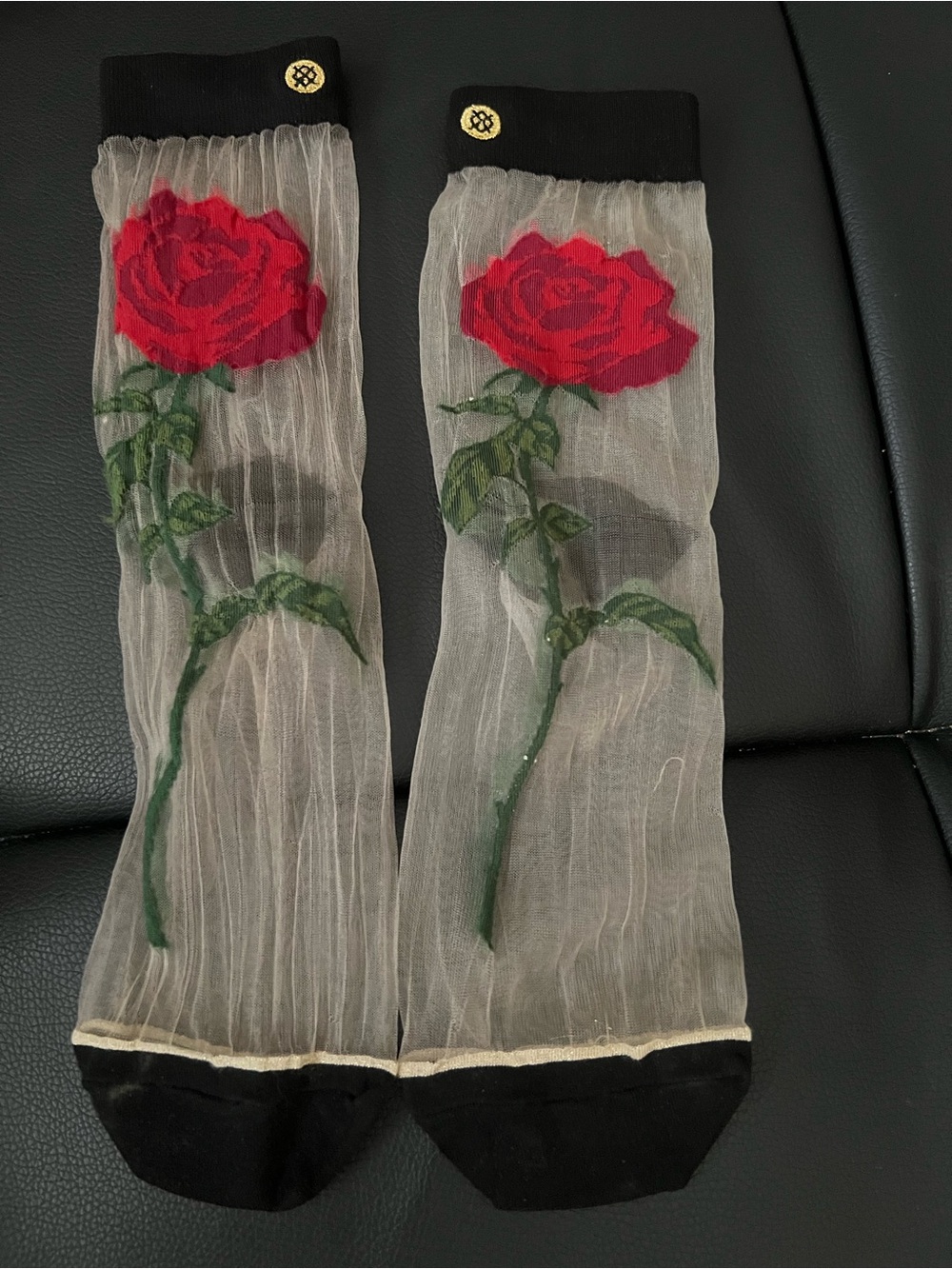 💕New Sheer Mesh Rose Embroidered Crew Socks - Red Rose